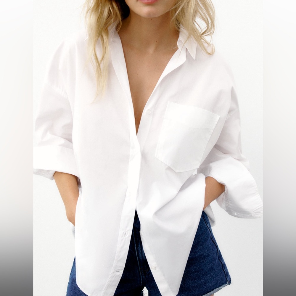 Zara White Short-Sleeved Button Down Poplin Shirt